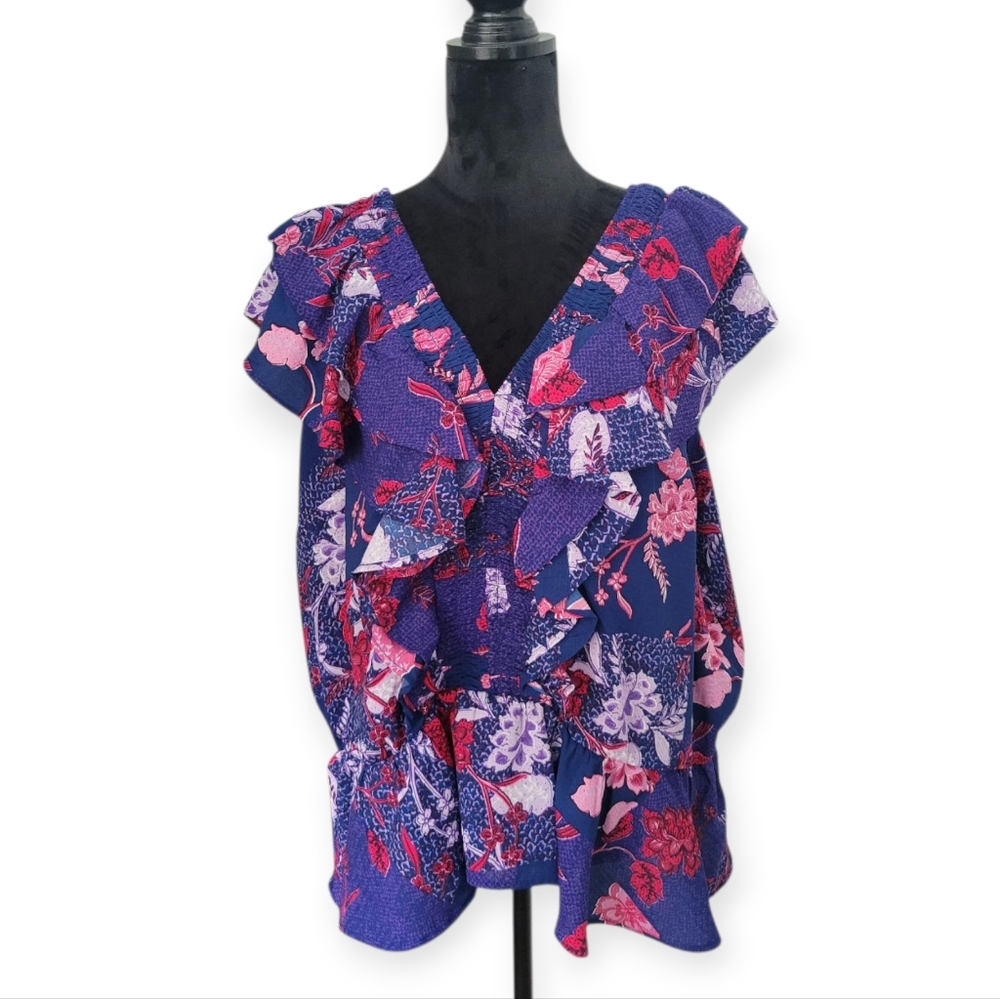 Colorful Floral Smocked Ruffle Sleeveless Top